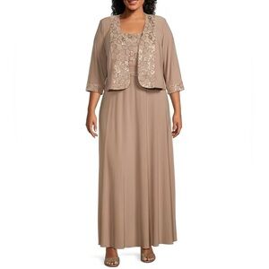 Le Bos Plus Size Embroidered 3/4 Sleeve Square Neck 2-Piece Dress Jacket Suit 16